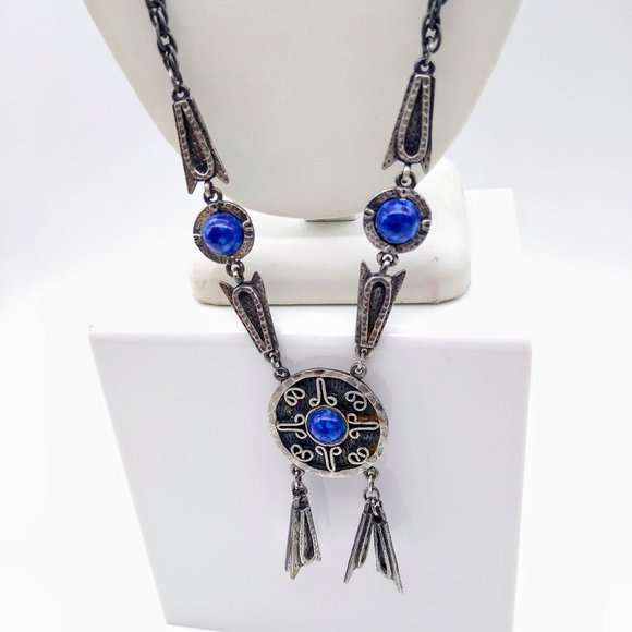 Dramatic Pewter Vintage Lavalier Necklace, Tribal Articulated Pendant with Cobal - Picture 2 of 3